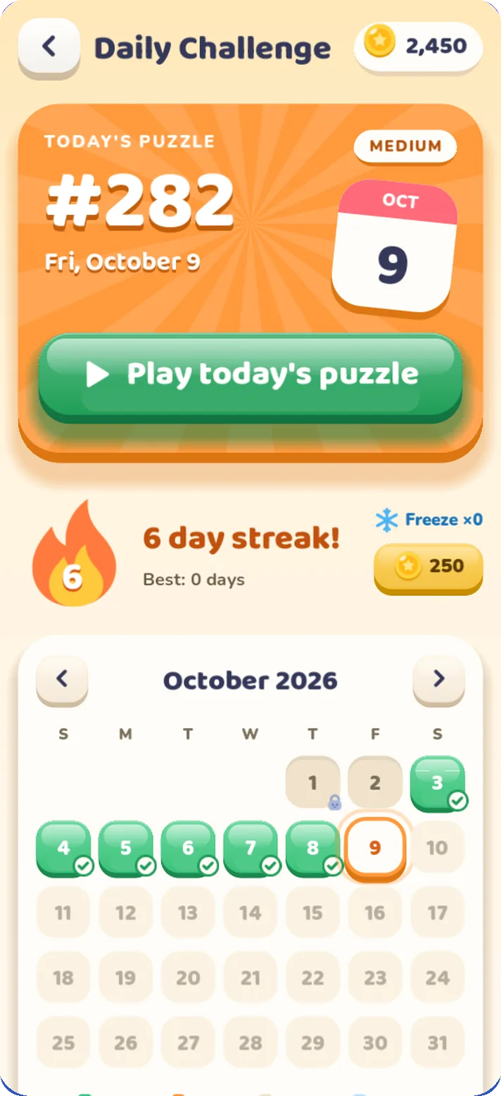 Daily Challenge for puzzle #282 with a 6 day streak and a calendar of finished days