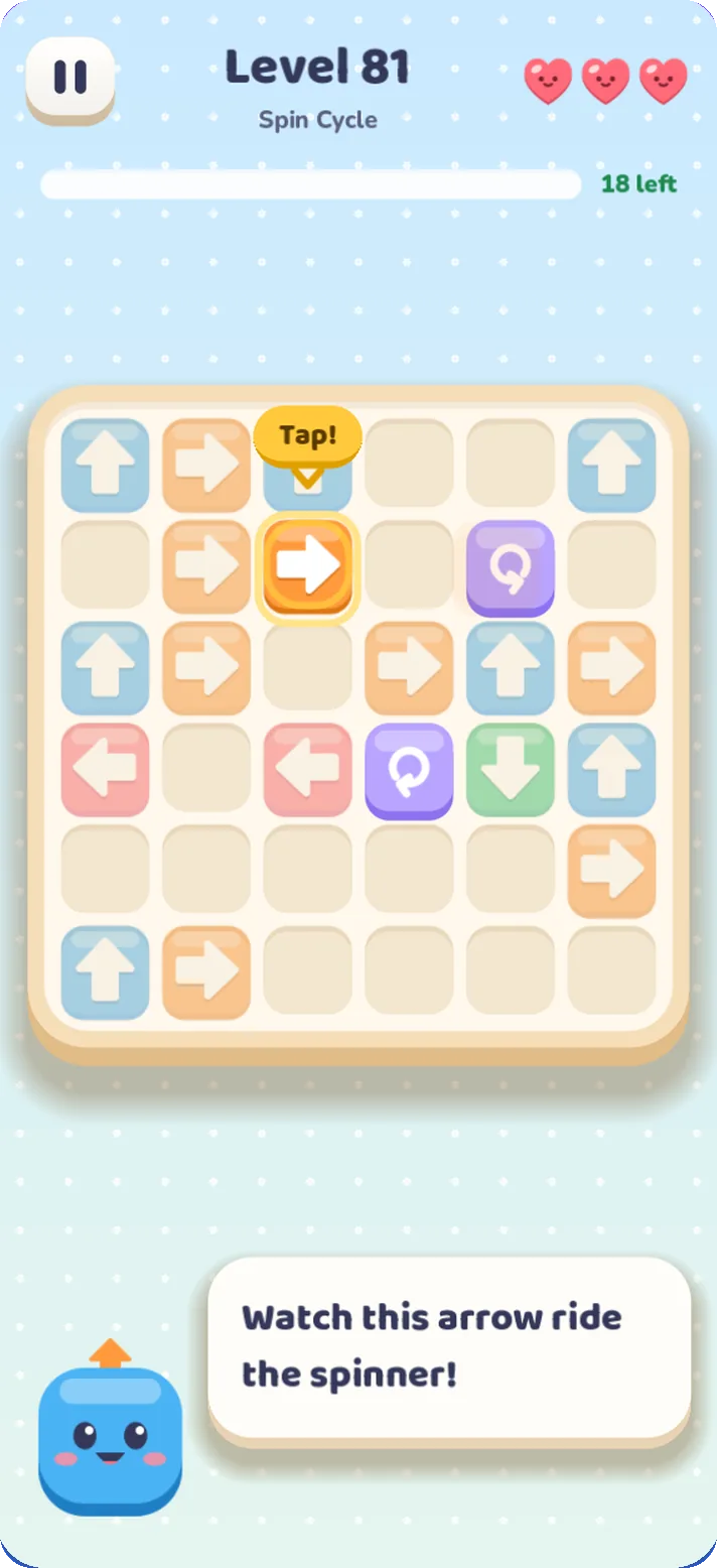 A spinner tile turning an arrow, with the blue mascot explaining the move