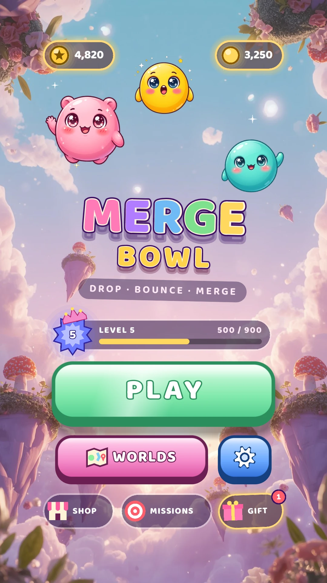 Merge Bowl main menu with pink, yellow, and teal buddies above the Play button